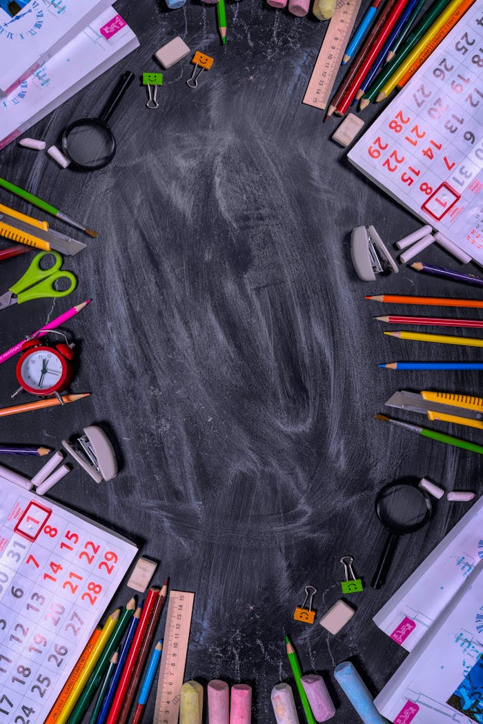 services-img Flat lay of school stationery forming a frame on a blackboard surface.